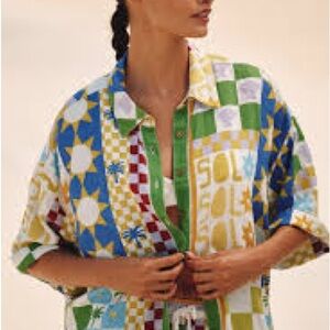 Anthropologie CELANDINE LINEN BLEND SHORT-SLEEVE BUTTONDOWN SHIRT